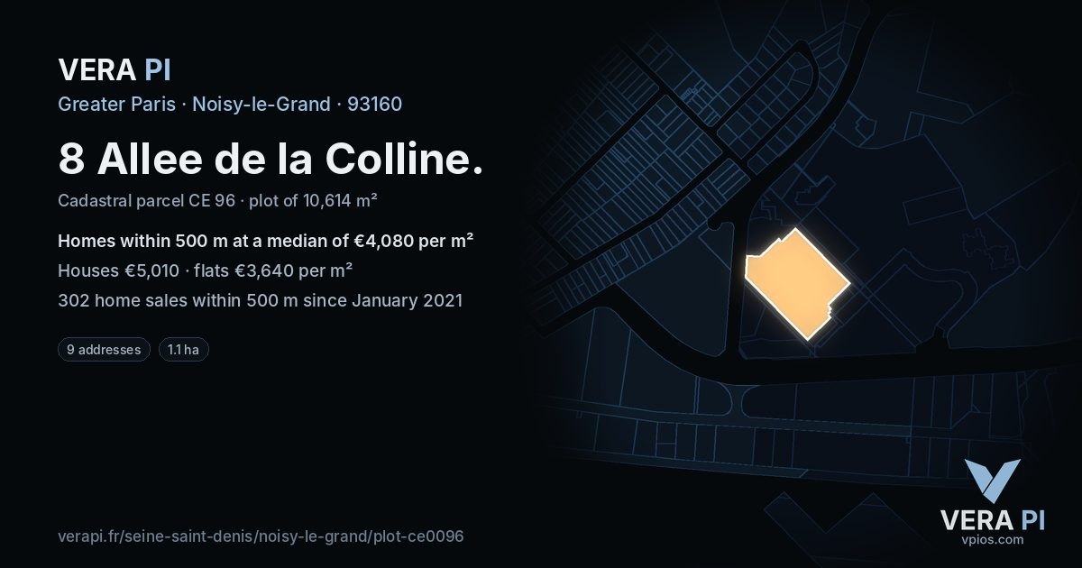 8 Allee de la Colline, Noisy-le-Grand at night – the plot lit, the parcels around coloured by the prices near them