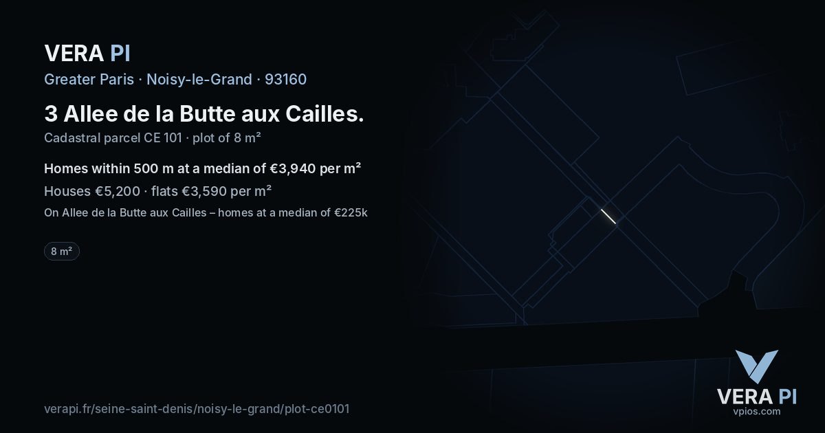 3 Allee de la Butte aux Cailles, Noisy-le-Grand at night – the plot lit, the parcels around coloured by the prices near them