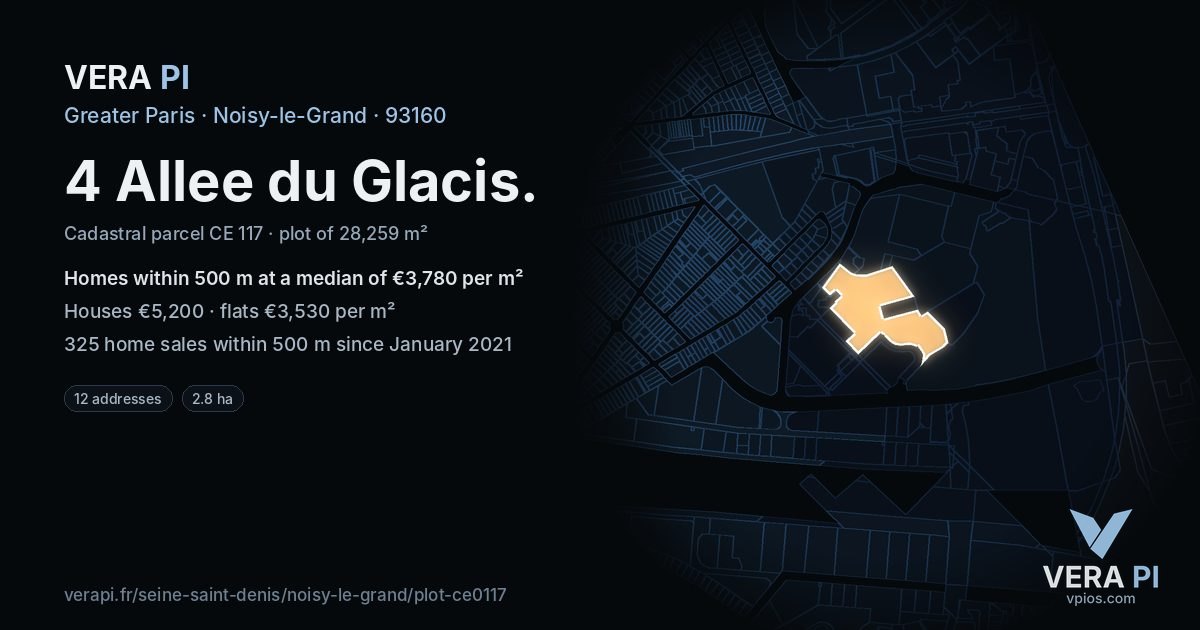 4 Allee du Glacis, Noisy-le-Grand at night – the plot lit, the parcels around coloured by the prices near them