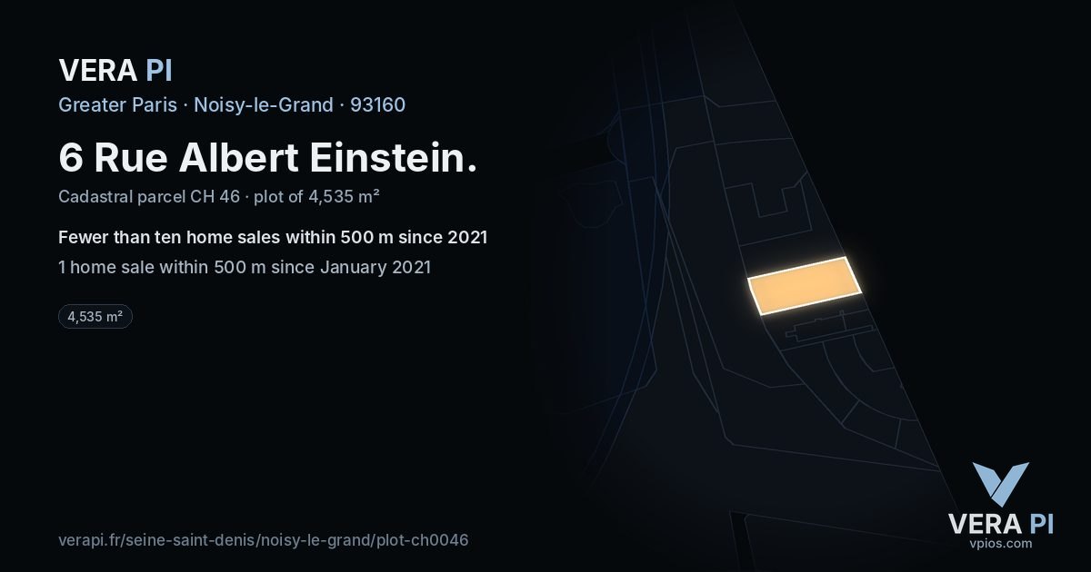 6 Rue Albert Einstein, Noisy-le-Grand at night – the plot lit, the parcels around coloured by the prices near them