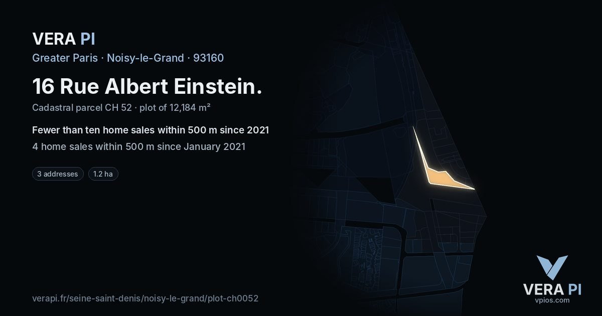16 Rue Albert Einstein, Noisy-le-Grand at night – the plot lit, the parcels around coloured by the prices near them