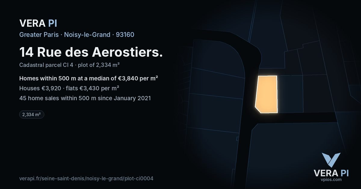 14 Rue des Aerostiers, Noisy-le-Grand at night – the plot lit, the parcels around coloured by the prices near them