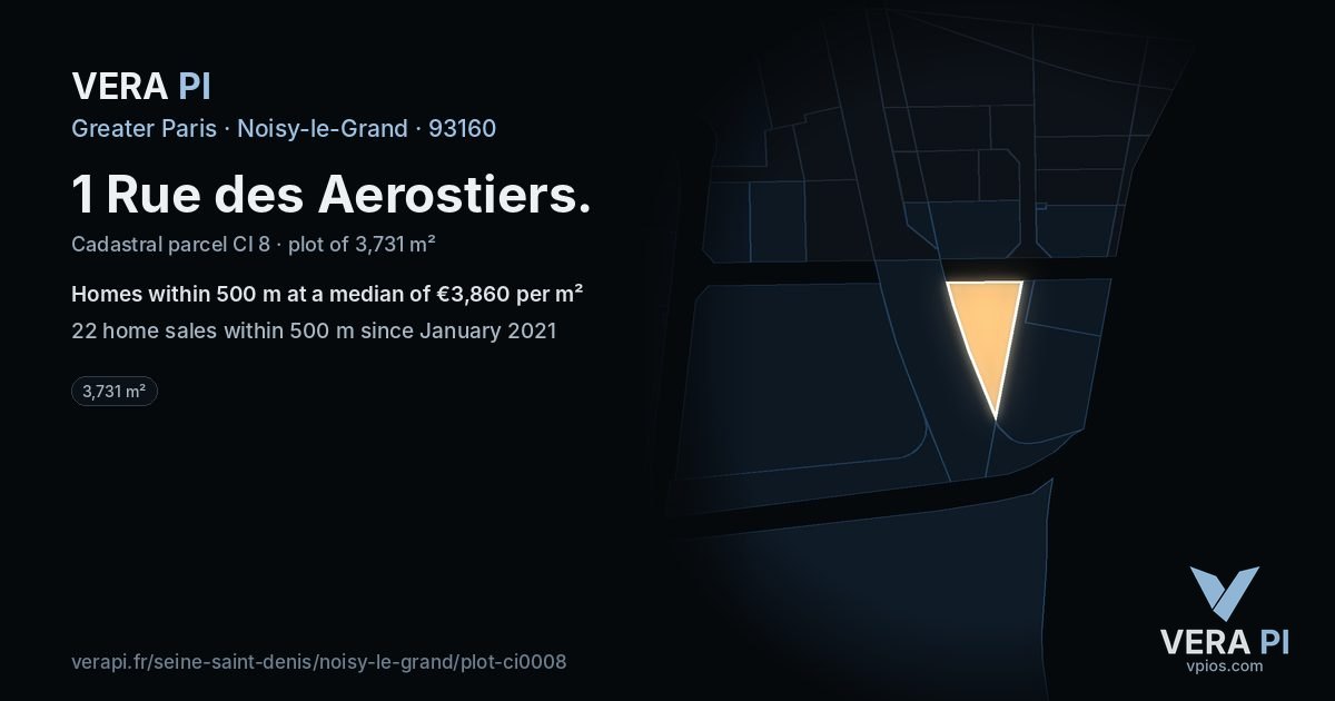 1 Rue des Aerostiers, Noisy-le-Grand at night – the plot lit, the parcels around coloured by the prices near them