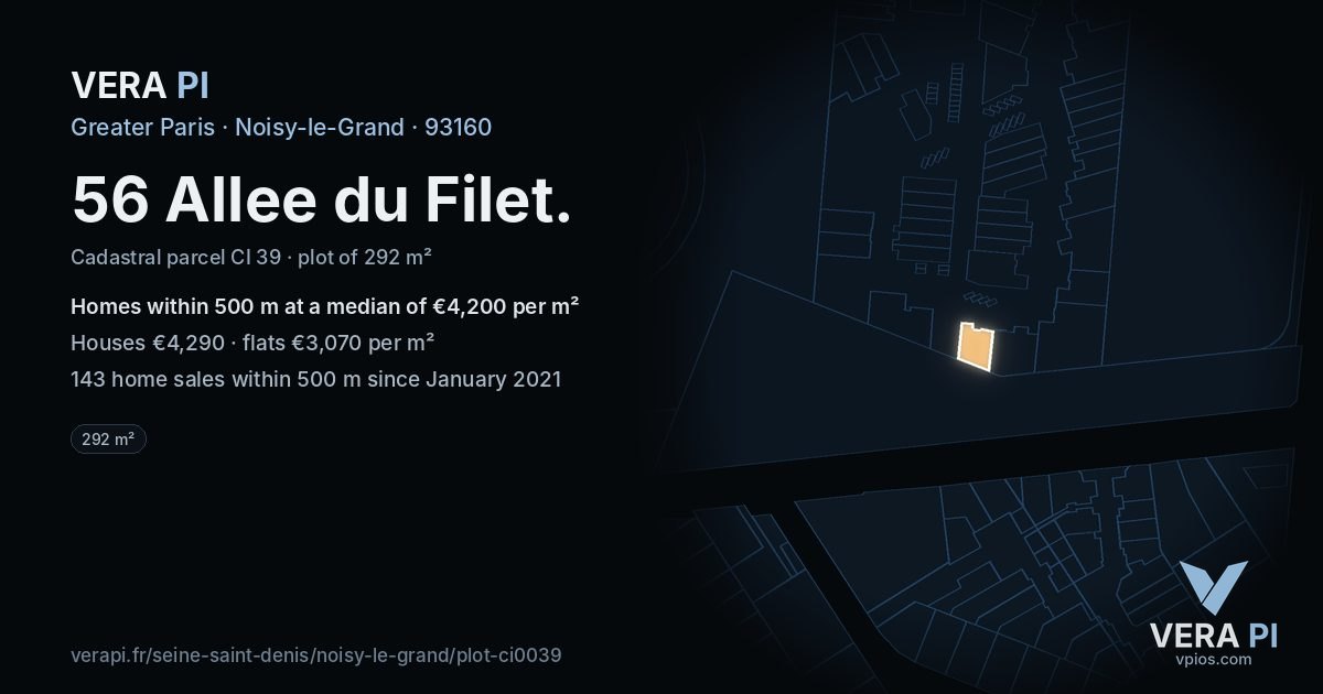 56 Allee du Filet, Noisy-le-Grand at night – the plot lit, the parcels around coloured by the prices near them