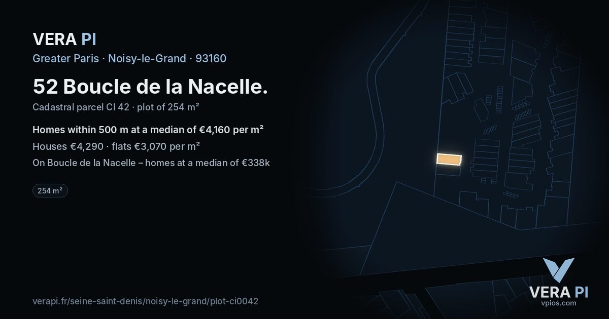 52 Boucle de la Nacelle, Noisy-le-Grand at night – the plot lit, the parcels around coloured by the prices near them
