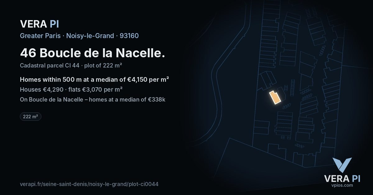 46 Boucle de la Nacelle, Noisy-le-Grand at night – the plot lit, the parcels around coloured by the prices near them