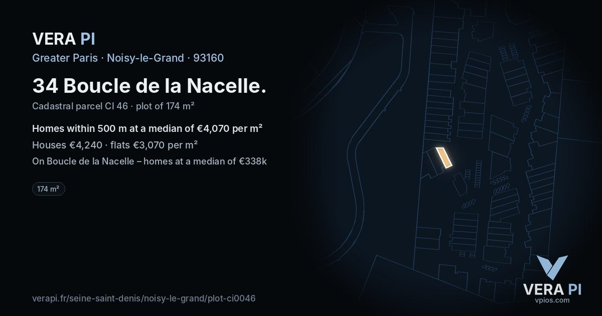 34 Boucle de la Nacelle, Noisy-le-Grand at night – the plot lit, the parcels around coloured by the prices near them