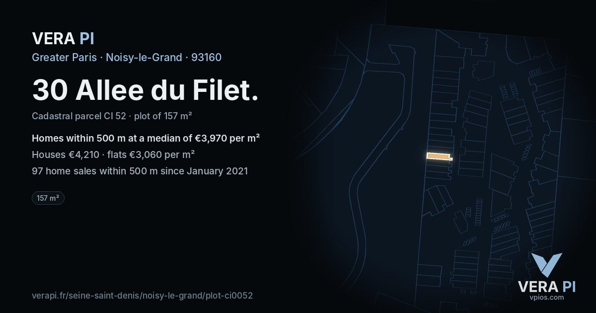 30 Allee du Filet, Noisy-le-Grand at night – the plot lit, the parcels around coloured by the prices near them