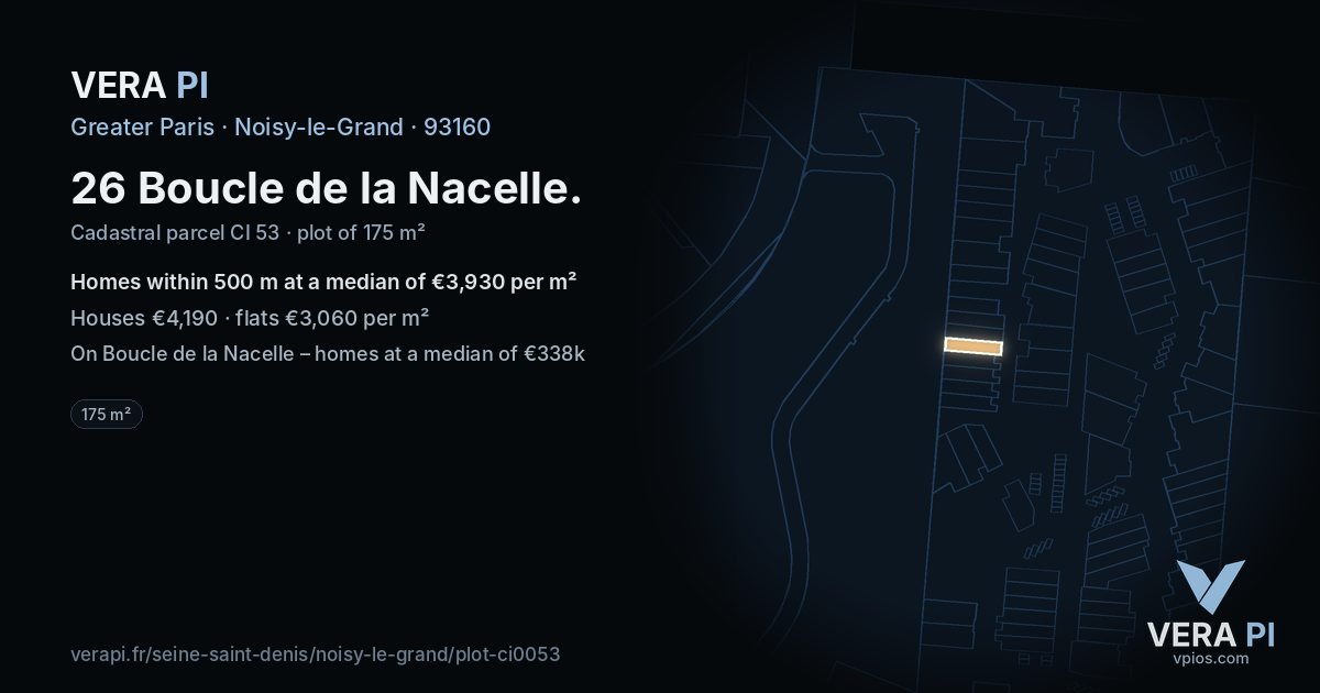 26 Boucle de la Nacelle, Noisy-le-Grand at night – the plot lit, the parcels around coloured by the prices near them