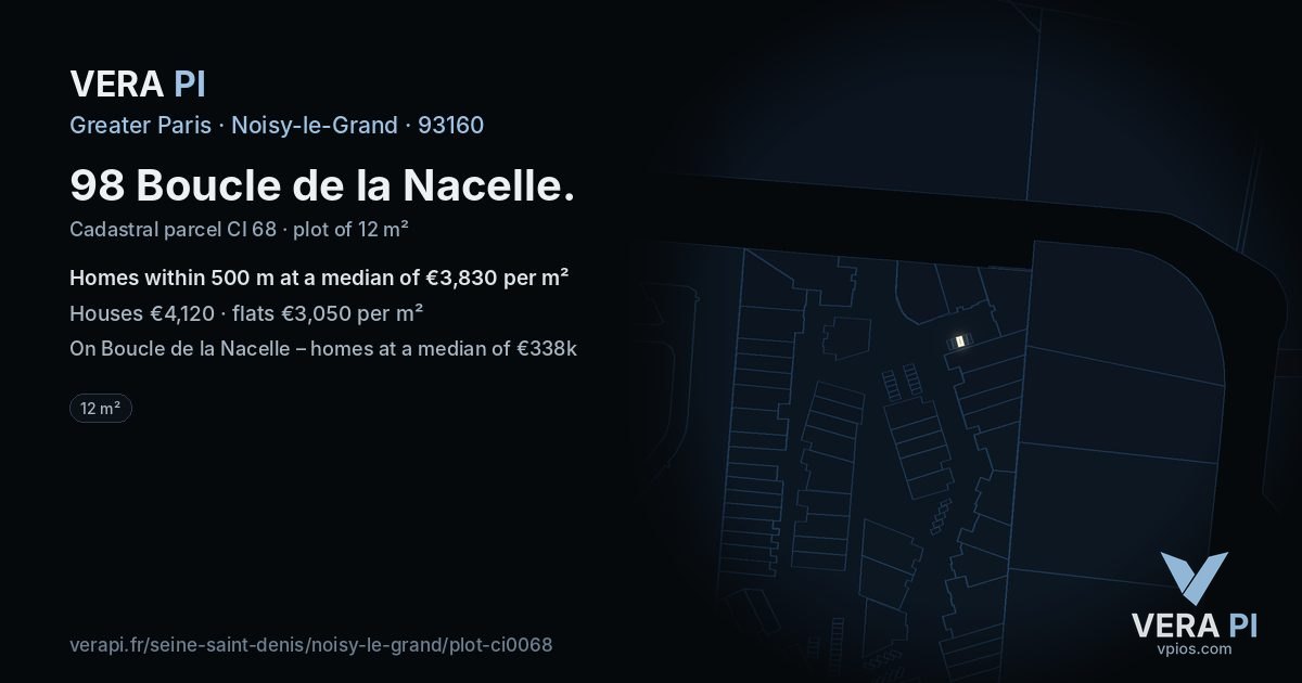 98 Boucle de la Nacelle, Noisy-le-Grand at night – the plot lit, the parcels around coloured by the prices near them