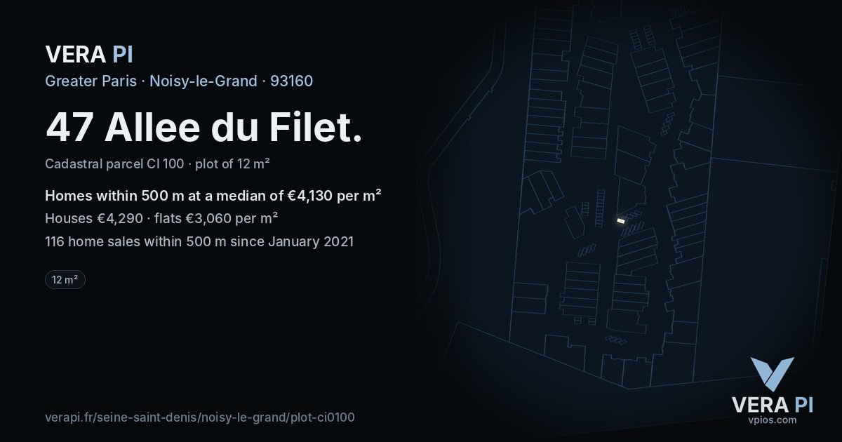 47 Allee du Filet, Noisy-le-Grand at night – the plot lit, the parcels around coloured by the prices near them