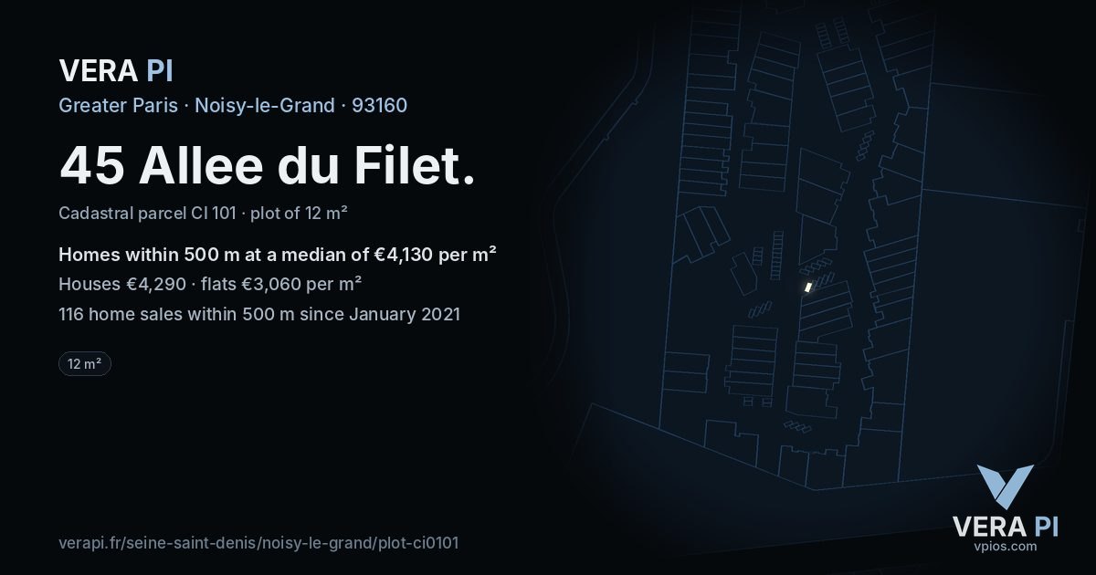 45 Allee du Filet, Noisy-le-Grand at night – the plot lit, the parcels around coloured by the prices near them