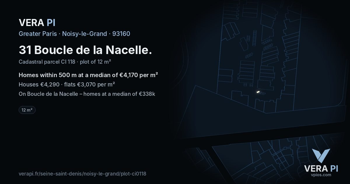 31 Boucle de la Nacelle, Noisy-le-Grand at night – the plot lit, the parcels around coloured by the prices near them