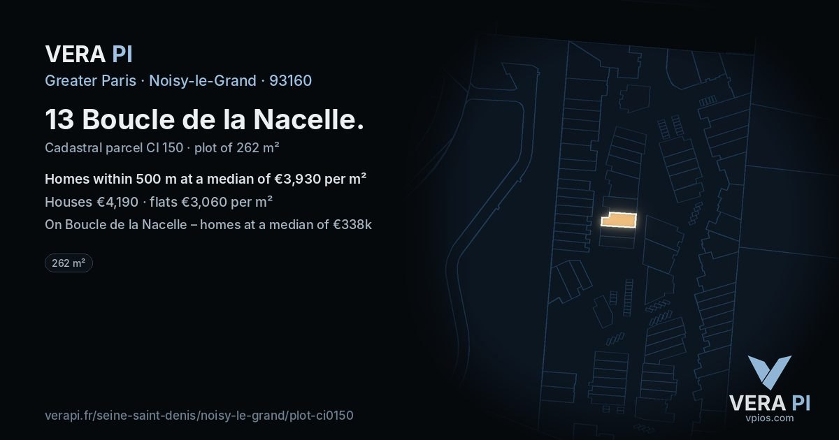 13 Boucle de la Nacelle, Noisy-le-Grand at night – the plot lit, the parcels around coloured by the prices near them