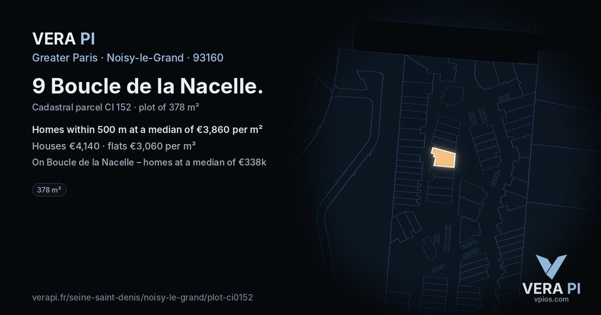 9 Boucle de la Nacelle, Noisy-le-Grand at night – the plot lit, the parcels around coloured by the prices near them