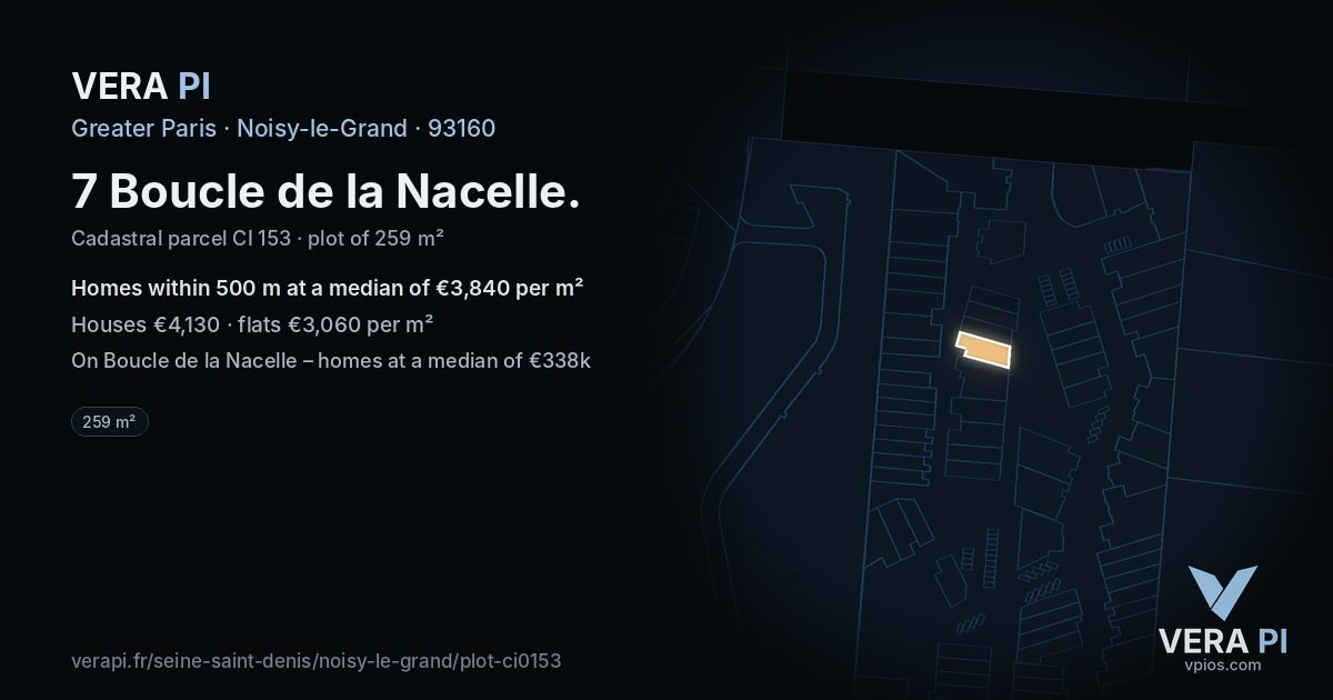 7 Boucle de la Nacelle, Noisy-le-Grand at night – the plot lit, the parcels around coloured by the prices near them