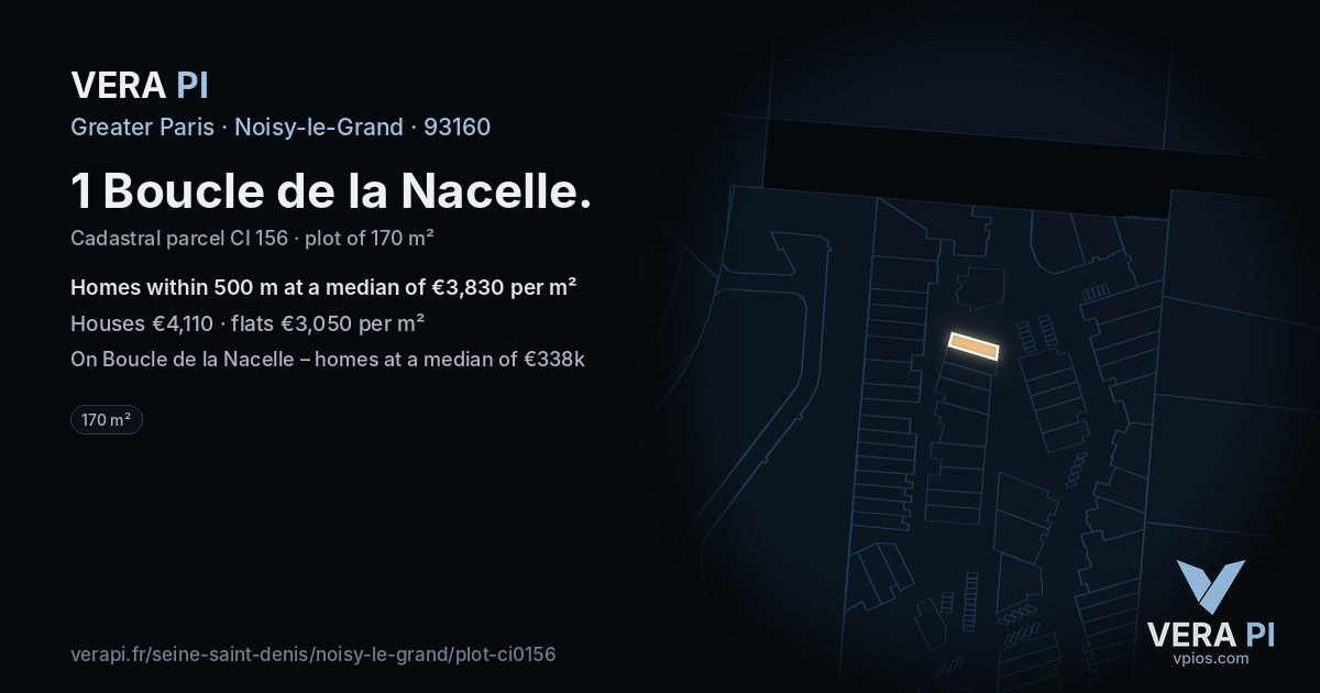 1 Boucle de la Nacelle, Noisy-le-Grand at night – the plot lit, the parcels around coloured by the prices near them