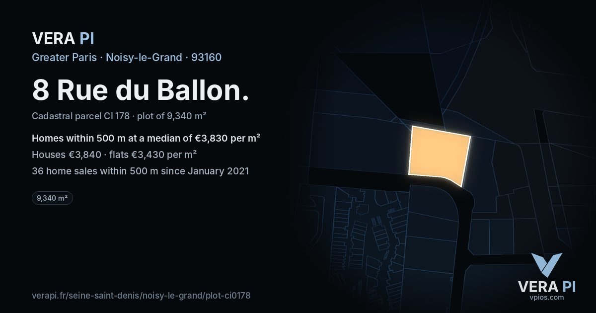 8 Rue du Ballon, Noisy-le-Grand at night – the plot lit, the parcels around coloured by the prices near them