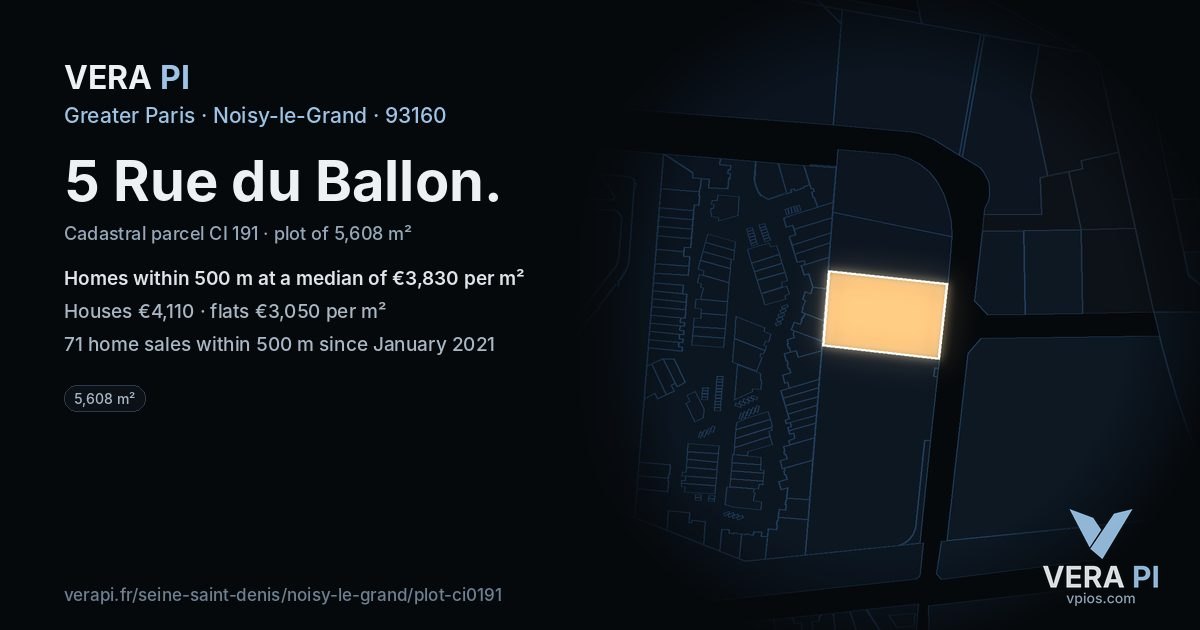 5 Rue du Ballon, Noisy-le-Grand at night – the plot lit, the parcels around coloured by the prices near them