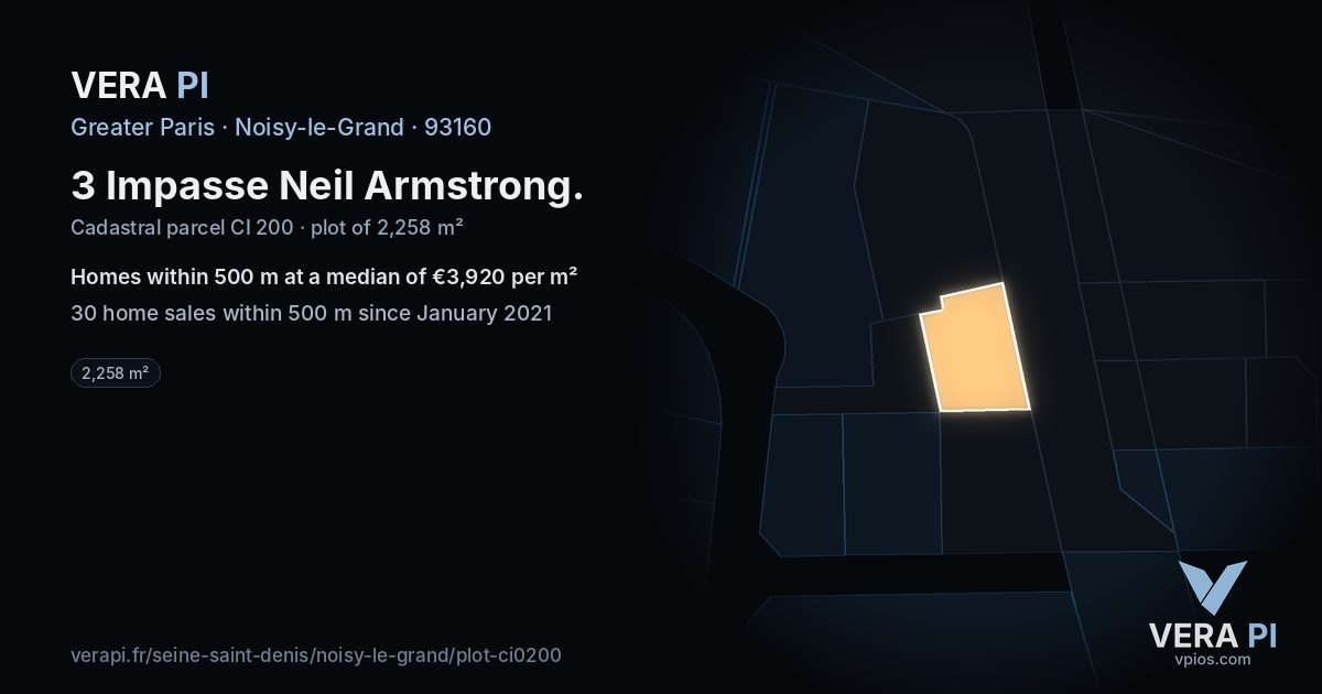 3 Impasse Neil Armstrong, Noisy-le-Grand at night – the plot lit, the parcels around coloured by the prices near them