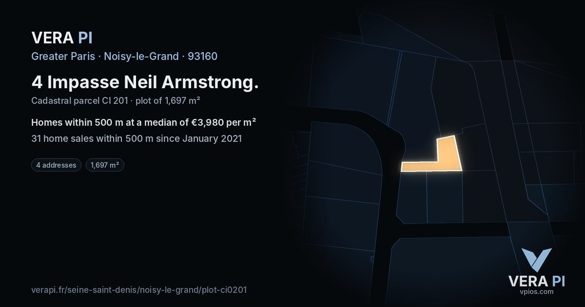 4 Impasse Neil Armstrong, Noisy-le-Grand at night – the plot lit, the parcels around coloured by the prices near them