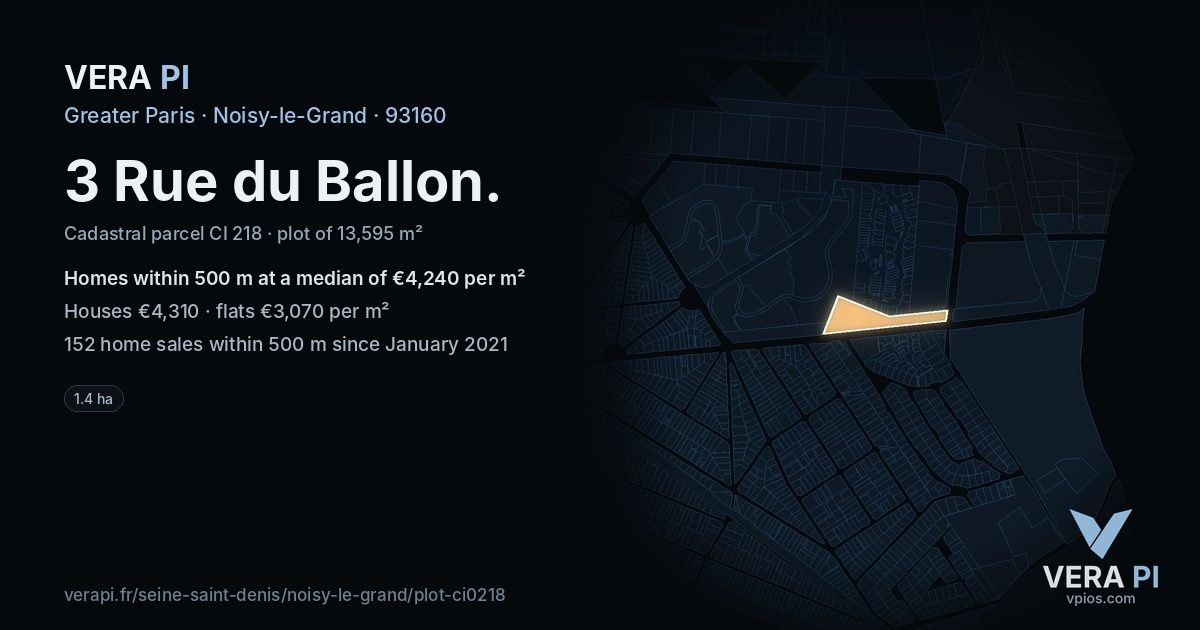 3 Rue du Ballon, Noisy-le-Grand at night – the plot lit, the parcels around coloured by the prices near them