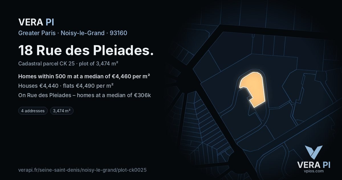 18 Rue des Pleiades, Noisy-le-Grand at night – the plot lit, the parcels around coloured by the prices near them