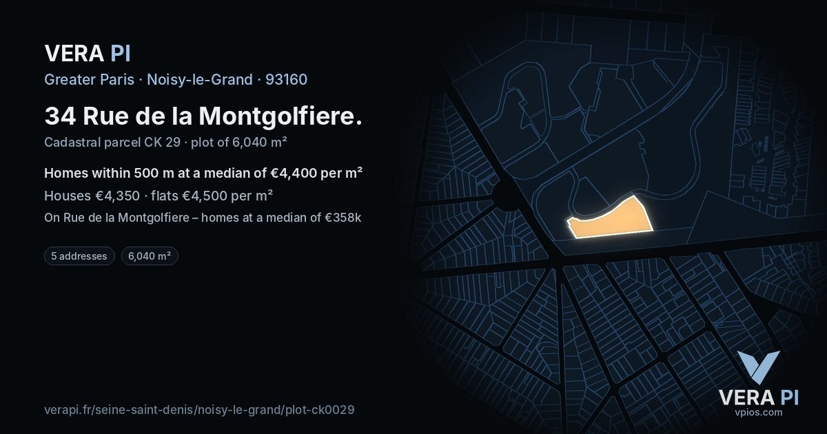 34 Rue de la Montgolfiere, Noisy-le-Grand at night – the plot lit, the parcels around coloured by the prices near them