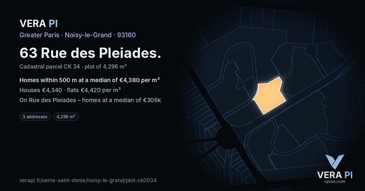 63 Rue des Pleiades, Noisy-le-Grand at night – the plot lit, the parcels around coloured by the prices near them