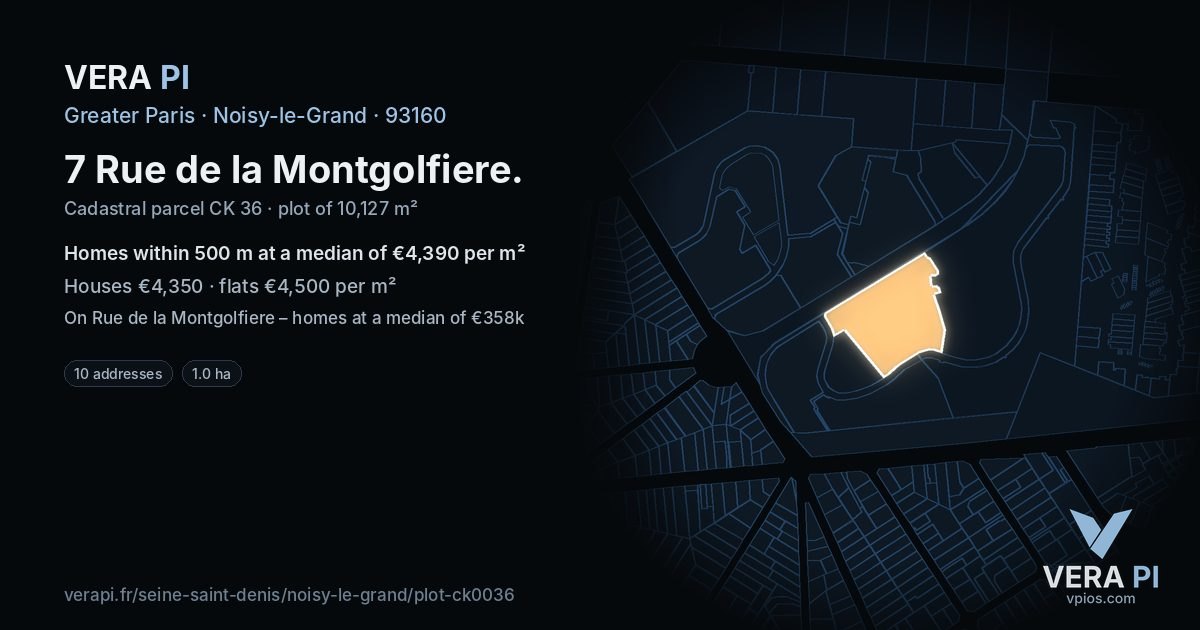 7 Rue de la Montgolfiere, Noisy-le-Grand at night – the plot lit, the parcels around coloured by the prices near them