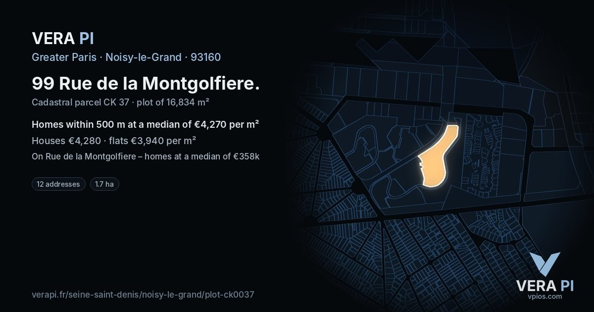 99 Rue de la Montgolfiere, Noisy-le-Grand at night – the plot lit, the parcels around coloured by the prices near them
