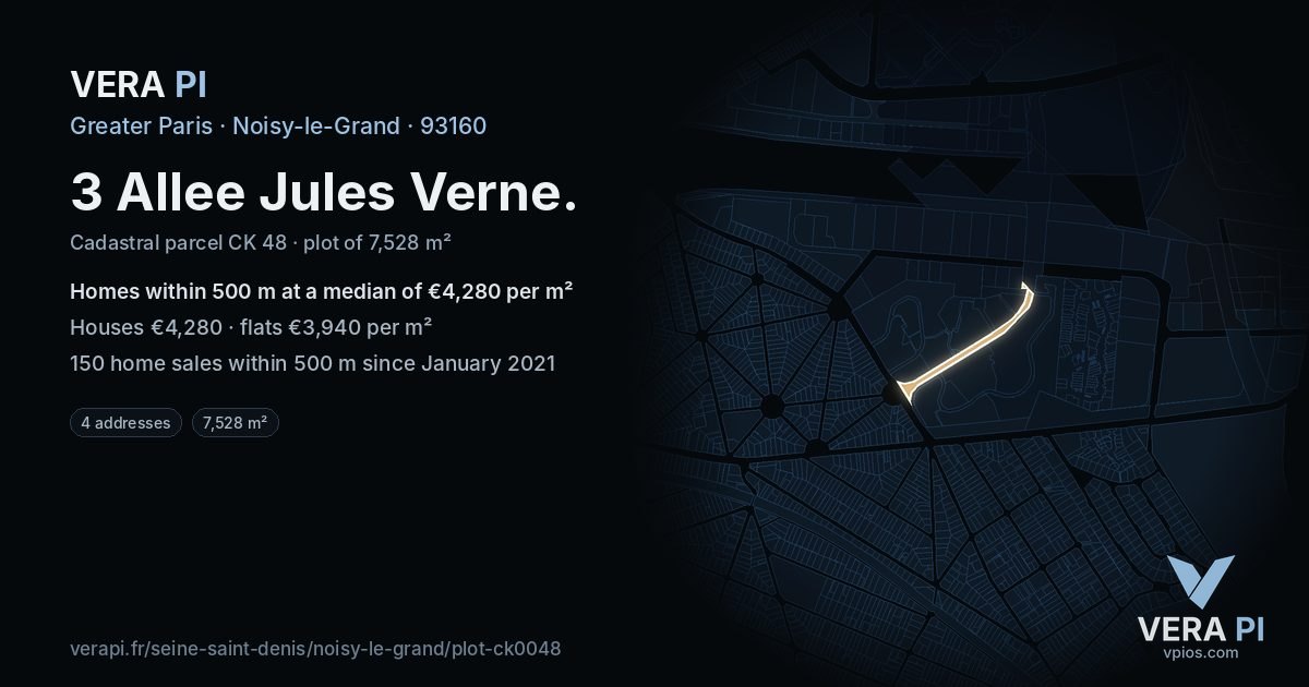 3 Allee Jules Verne, Noisy-le-Grand at night – the plot lit, the parcels around coloured by the prices near them