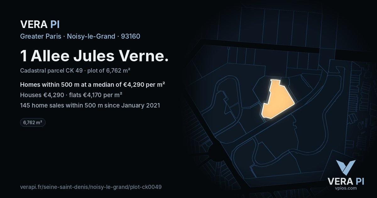 1 Allee Jules Verne, Noisy-le-Grand at night – the plot lit, the parcels around coloured by the prices near them