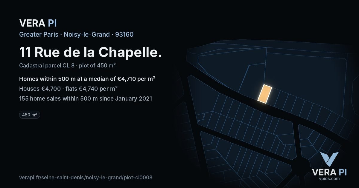 11 Rue de la Chapelle, Noisy-le-Grand at night – the plot lit, the parcels around coloured by the prices near them