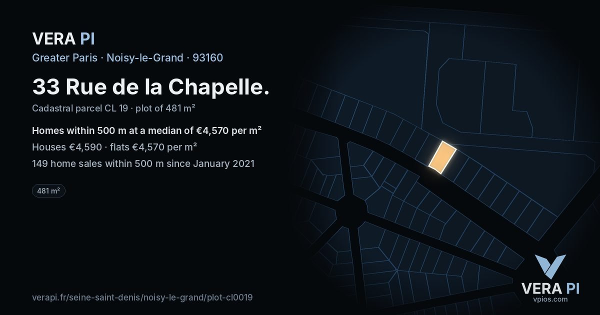 33 Rue de la Chapelle, Noisy-le-Grand at night – the plot lit, the parcels around coloured by the prices near them