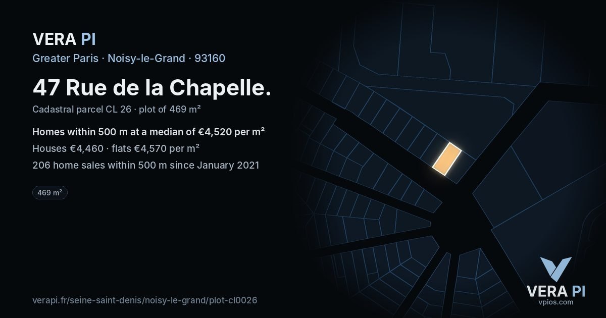 47 Rue de la Chapelle, Noisy-le-Grand at night – the plot lit, the parcels around coloured by the prices near them