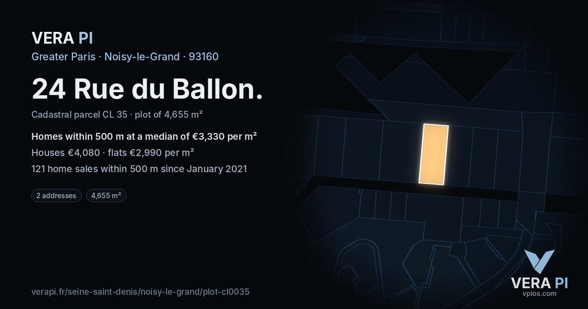 24 Rue du Ballon, Noisy-le-Grand at night – the plot lit, the parcels around coloured by the prices near them