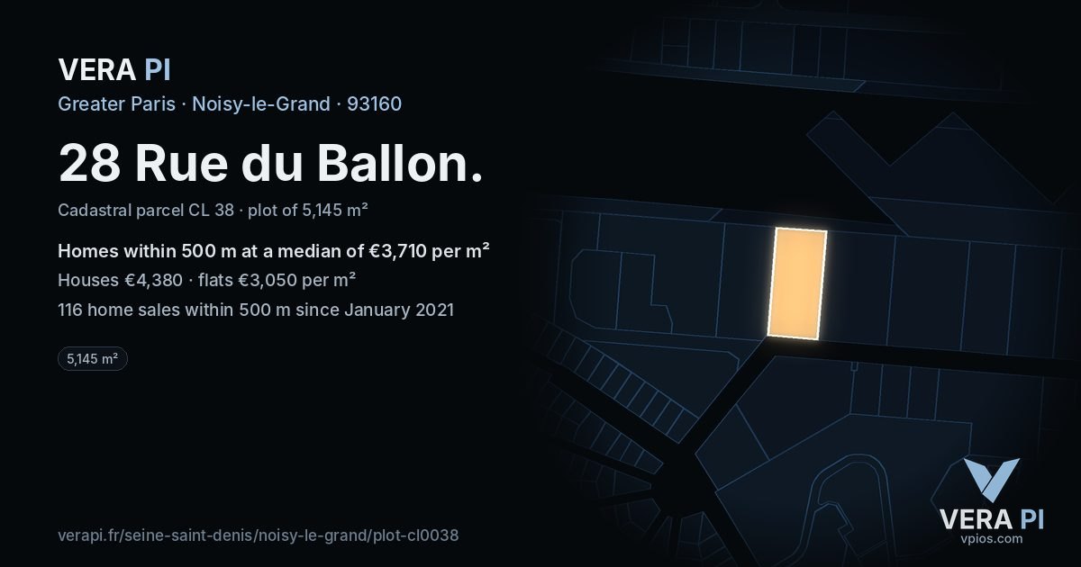 28 Rue du Ballon, Noisy-le-Grand at night – the plot lit, the parcels around coloured by the prices near them