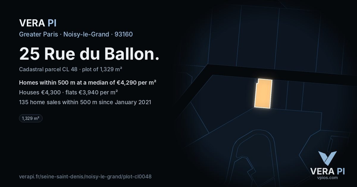 25 Rue du Ballon, Noisy-le-Grand at night – the plot lit, the parcels around coloured by the prices near them
