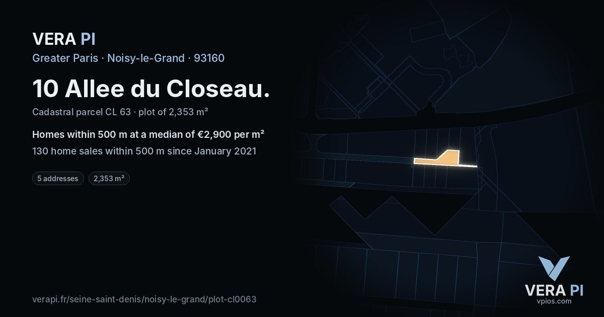 10 Allee du Closeau, Noisy-le-Grand at night – the plot lit, the parcels around coloured by the prices near them