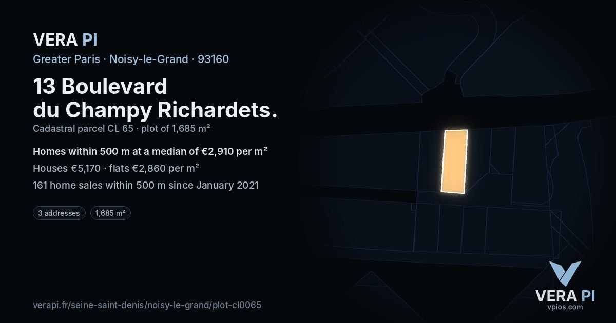 13 Boulevard du Champy Richardets, Noisy-le-Grand at night – the plot lit, the parcels around coloured by the prices near them