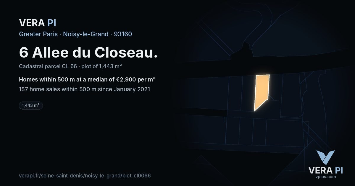 6 Allee du Closeau, Noisy-le-Grand at night – the plot lit, the parcels around coloured by the prices near them