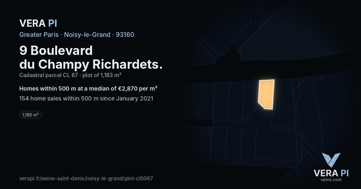 9 Boulevard du Champy Richardets, Noisy-le-Grand at night – the plot lit, the parcels around coloured by the prices near them