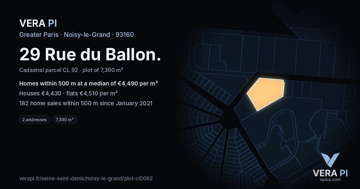 29 Rue du Ballon, Noisy-le-Grand at night – the plot lit, the parcels around coloured by the prices near them