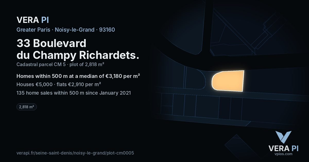 33 Boulevard du Champy Richardets, Noisy-le-Grand at night – the plot lit, the parcels around coloured by the prices near them