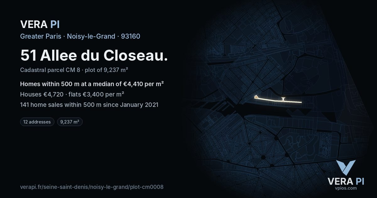 51 Allee du Closeau, Noisy-le-Grand at night – the plot lit, the parcels around coloured by the prices near them