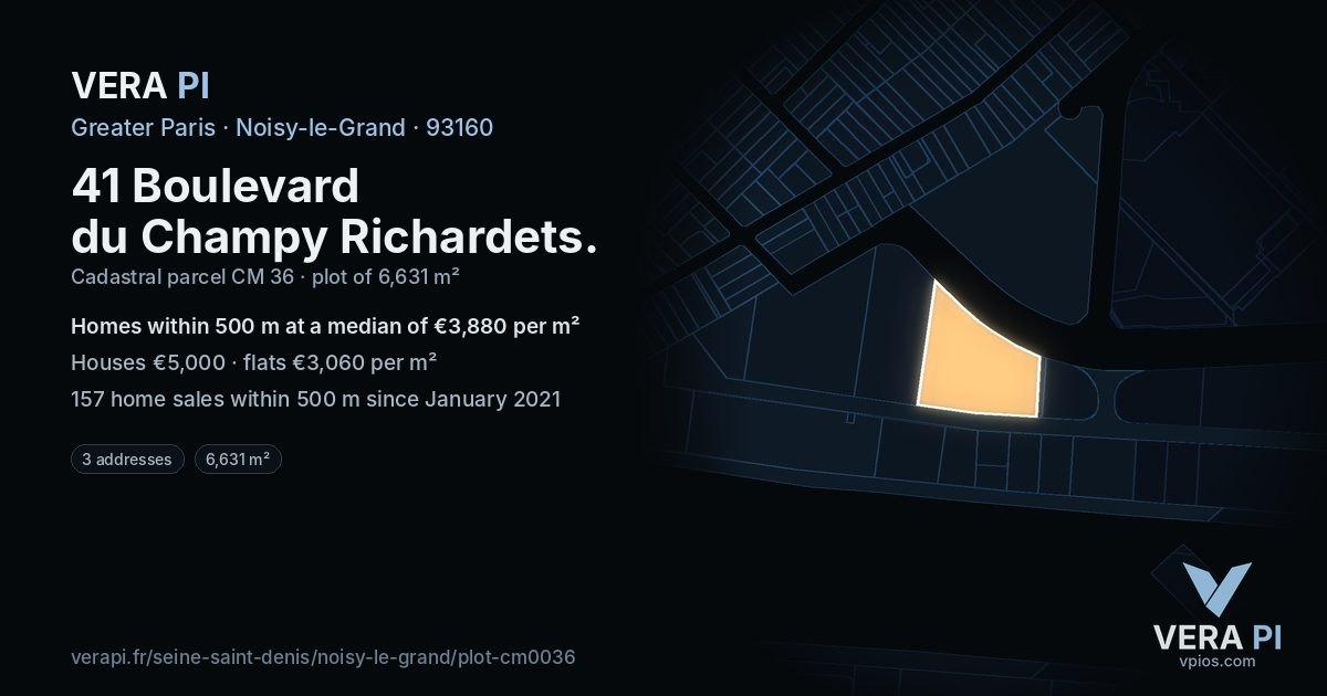 41 Boulevard du Champy Richardets, Noisy-le-Grand at night – the plot lit, the parcels around coloured by the prices near them