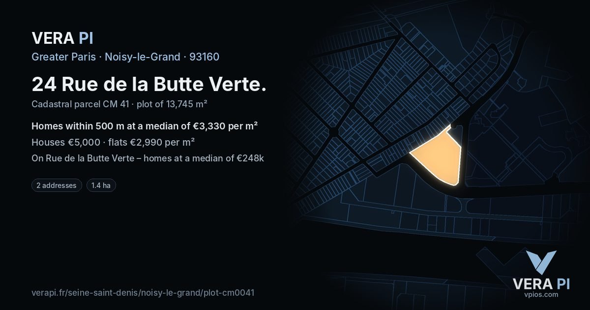 24 Rue de la Butte Verte, Noisy-le-Grand at night – the plot lit, the parcels around coloured by the prices near them