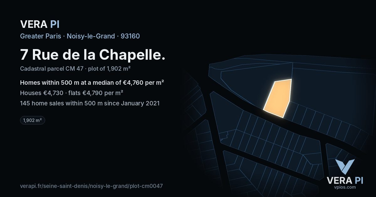 7 Rue de la Chapelle, Noisy-le-Grand at night – the plot lit, the parcels around coloured by the prices near them