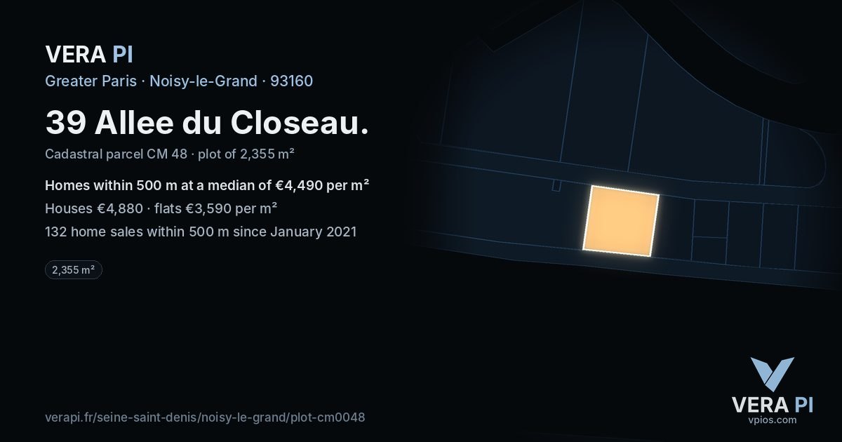 39 Allee du Closeau, Noisy-le-Grand at night – the plot lit, the parcels around coloured by the prices near them